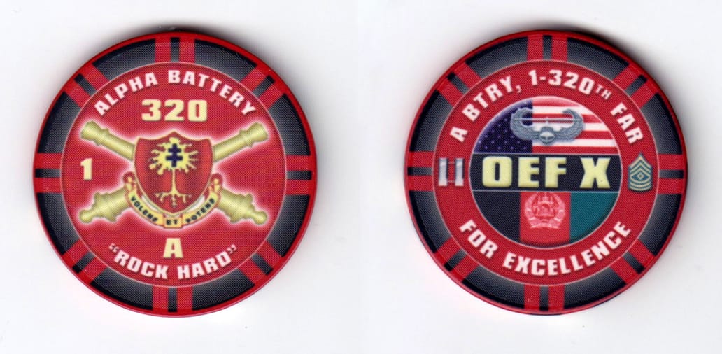 Round shaped, red colored poker chip, 1-5/8 inches in diameter.