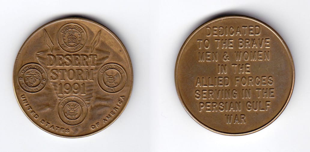 Round shaped, brass colored coin, 1-1/2 inches in diameter.