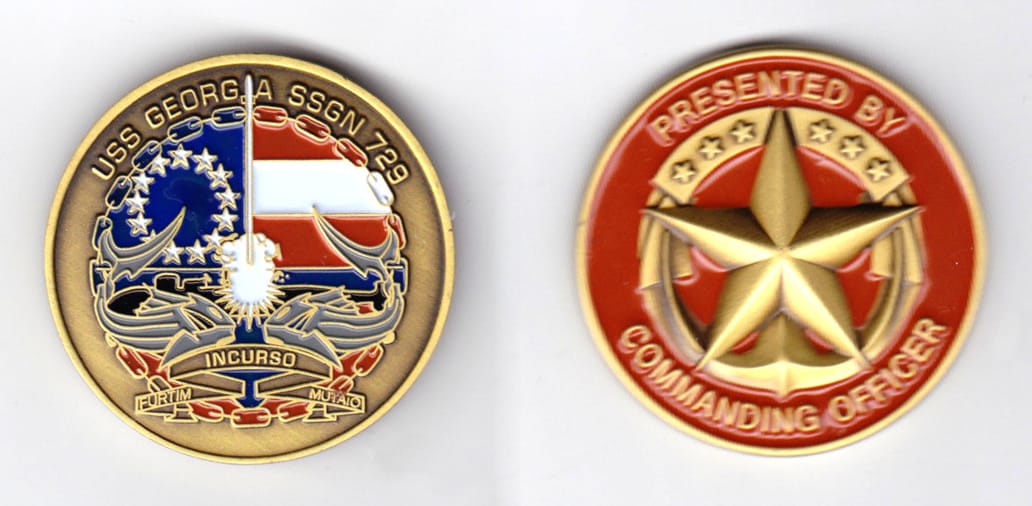 Round shaped, brass colored coin, 1-1/2 inches in diameter.