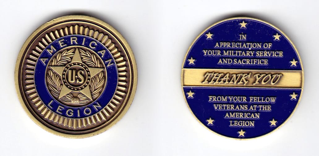 Round shaped, brass colored coin, 1-1/2 inches in diameter.