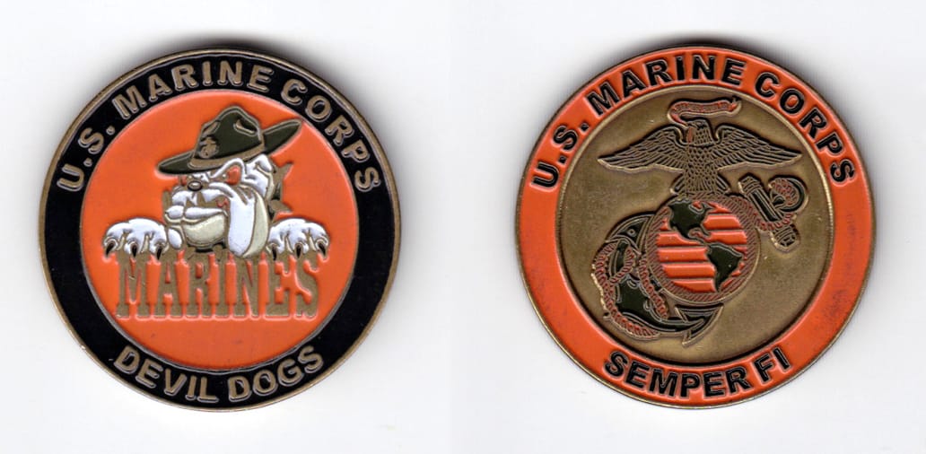 Round shaped, antique brass colored coin, 1-5/8 inches in diameter.