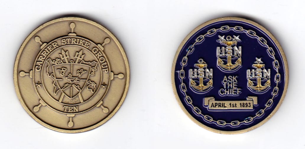 Round shaped, antique brass colored coin, 1-5/8 inches in diameter.