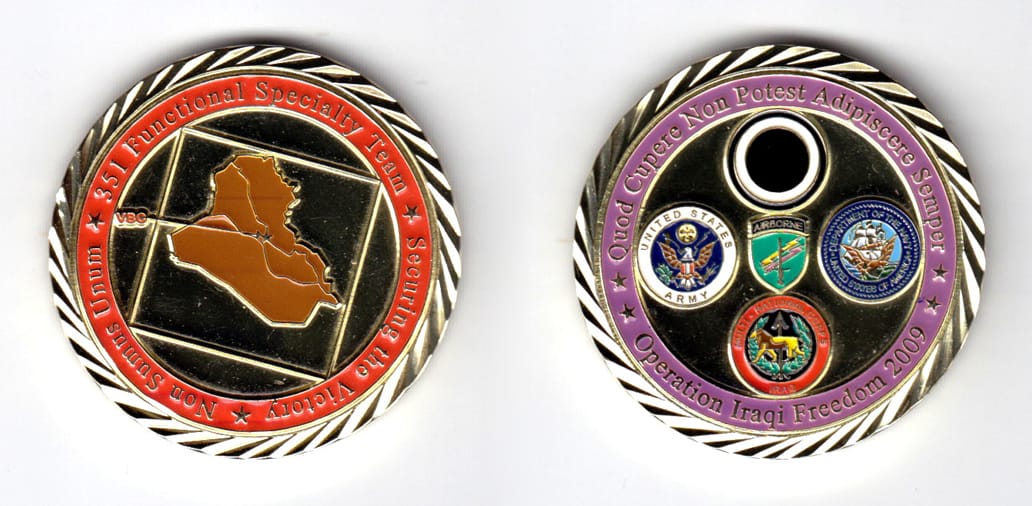 Round shaped, gold colored coin, 1-3/4 inches in diameter.