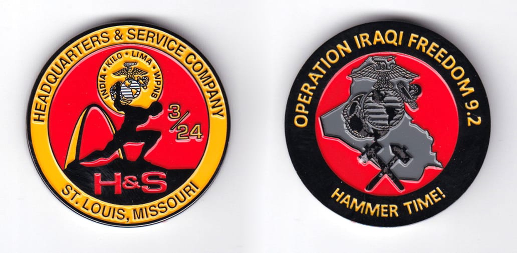 Round shaped, gun metal black colored coin, 1-3/4 inches in diameter.