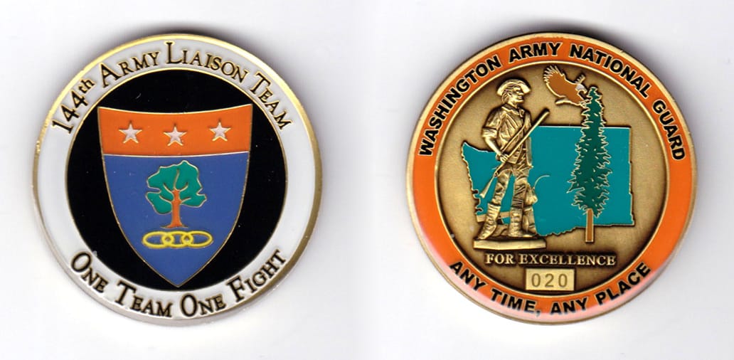 Round shaped, brass colored coin, 1-3/4 inches in diameter.