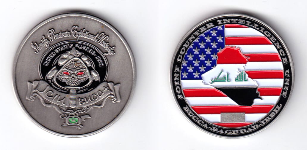 Round shaped, pewter colored coin, 1-3/4 inches in diameter.