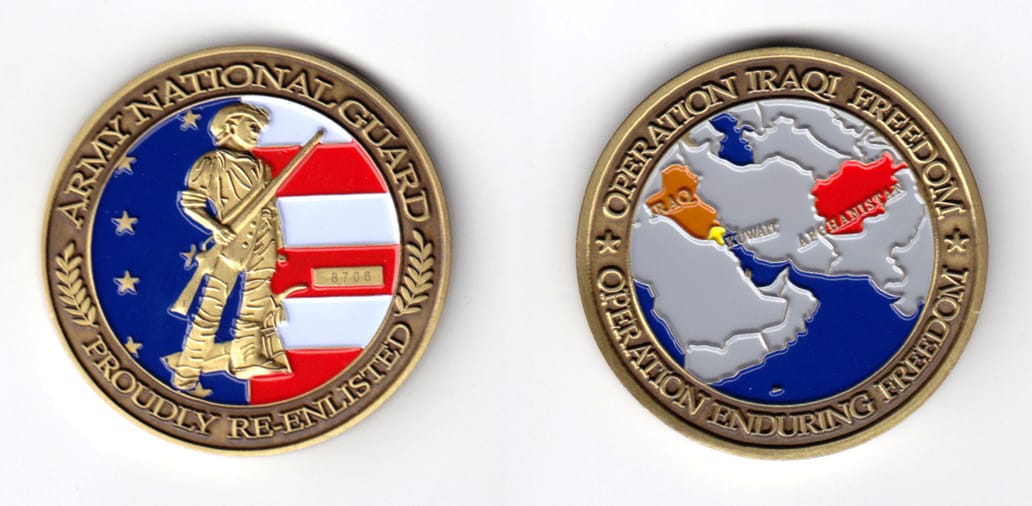 Round shaped, antique brass colored coin, 1-3/4 inches in diameter.