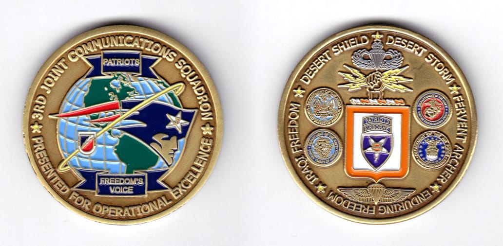 Round shaped, brass colored coin, 1-3/4 inches in diameter.