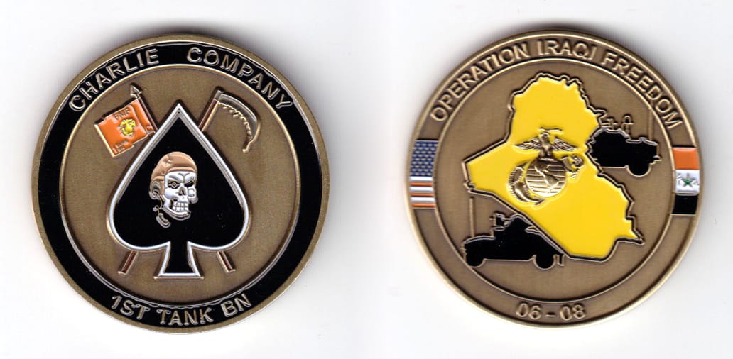 Round shaped, brass colored coin, 1-3/4 inches in diameter.