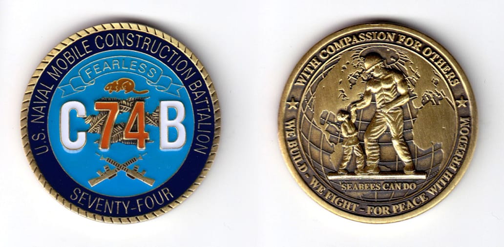 Round shaped, brass colored coin, 1-3/4 inches in diameter.