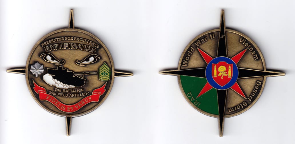 Circular shaped with 4 compas points extending, antique brass colored coin, 2-7/8 inches wide x 2-7/8inches high.