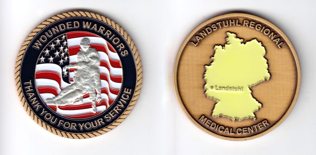 Round shaped, antique brass colored coin, 2 inches in diameter.