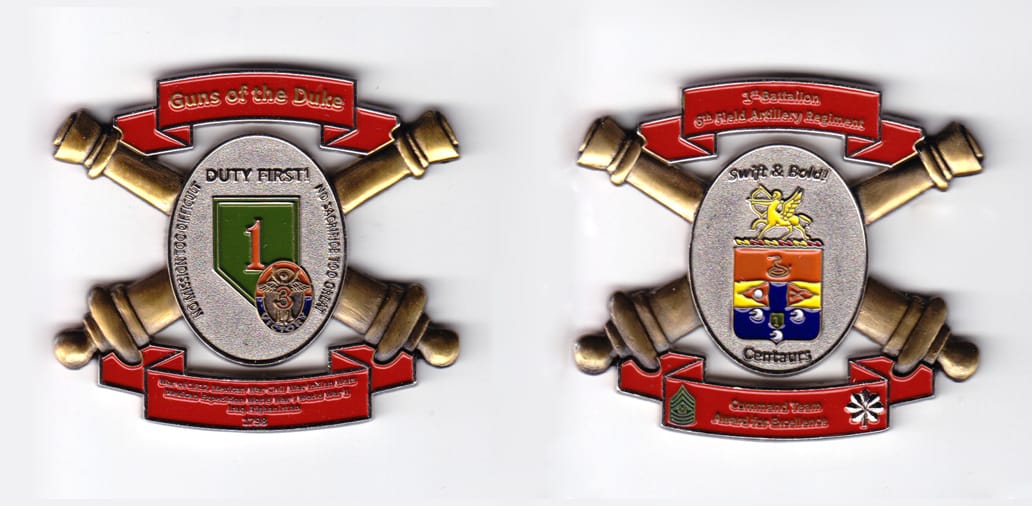 Oval shaped, with crossed cannons extended and banners mounted above and below, pewter & antique brass colored coin, 2-1...