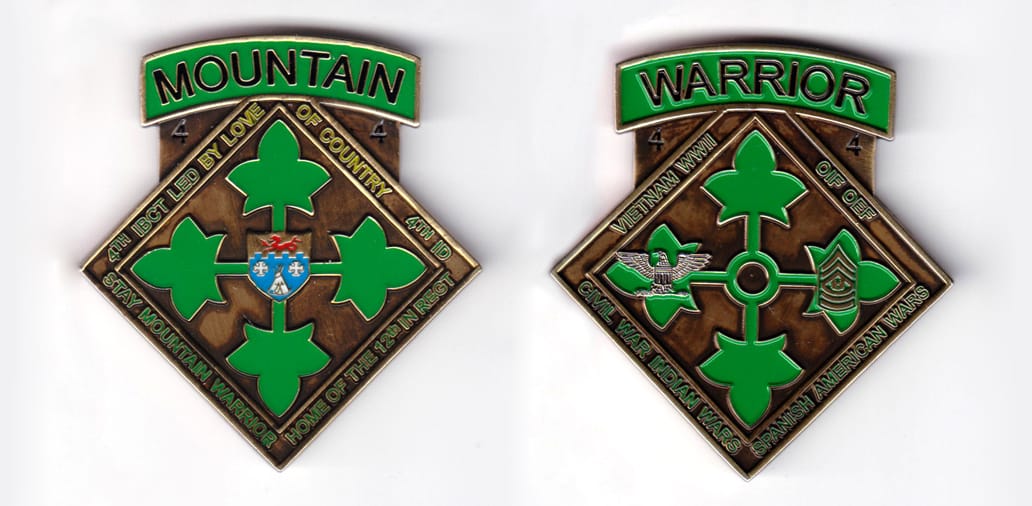 Diamond shaped with Banner mounted above, antique brass colored coin, 2-1/4 inches wide x 2-1/2 inches high.