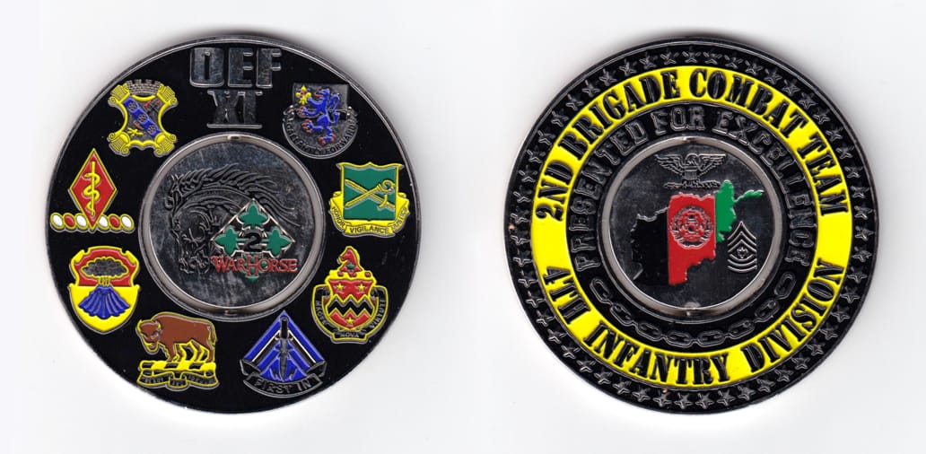 Round shaped with spinner center, silver colored coin, 3 inches in diameter.