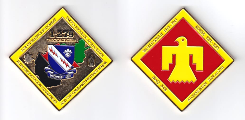 Diamond shaped, brass colored coin, 3-3/8 inches wide x 3-3/8 inches high.