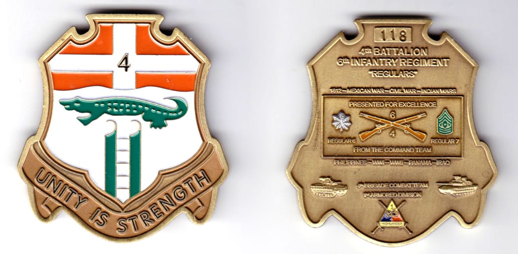 Shield shaped, with banner mounted beneath, brass colored coin, 2-1/4 inches wide x 2-1/2 inches high.