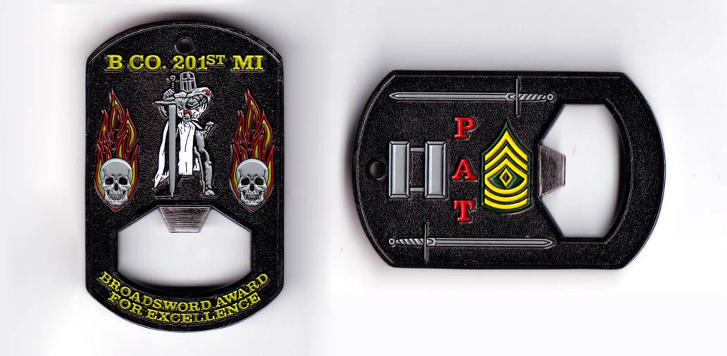 Dog tag shaped, with bottle opener, gun metal black colored coin, 1-1/2 inches wide x 2-1/2 inches high.