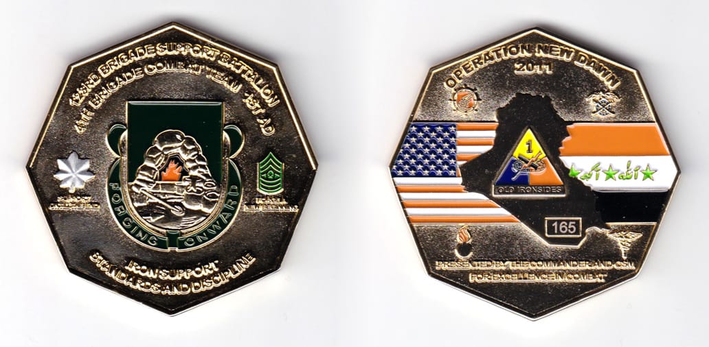 Octagon shaped, gold colored coin, 2-1/2 inches wide x 2-1/2 inches high.