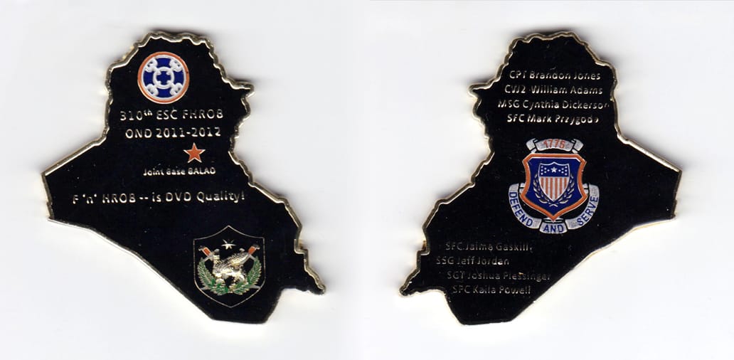 Iraq shaped, gold colored coin, 2-1/2 inches wide x 2-1/4 inches high.