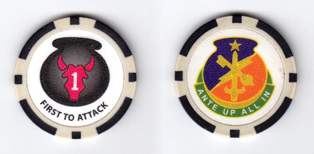 Round shaped, black & white colored poker chip, 1-5/8 inches in diameter.