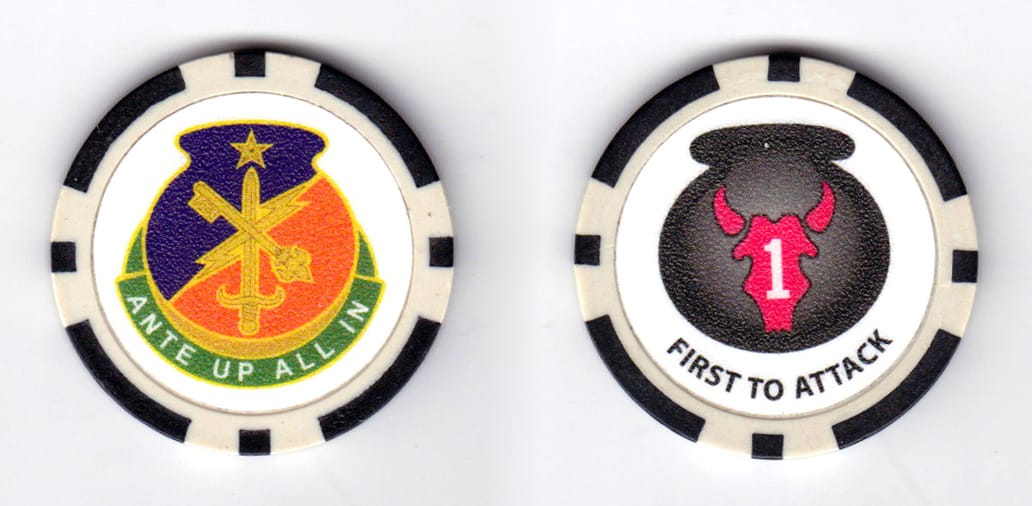 Round shaped, black & white colored poker chip, 1-5/8 inches in diameter.