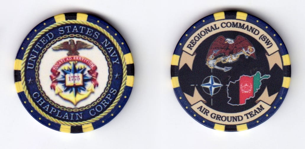 Round shaped, navy blue colored poker chip, 1-1/2 inches in diameter.