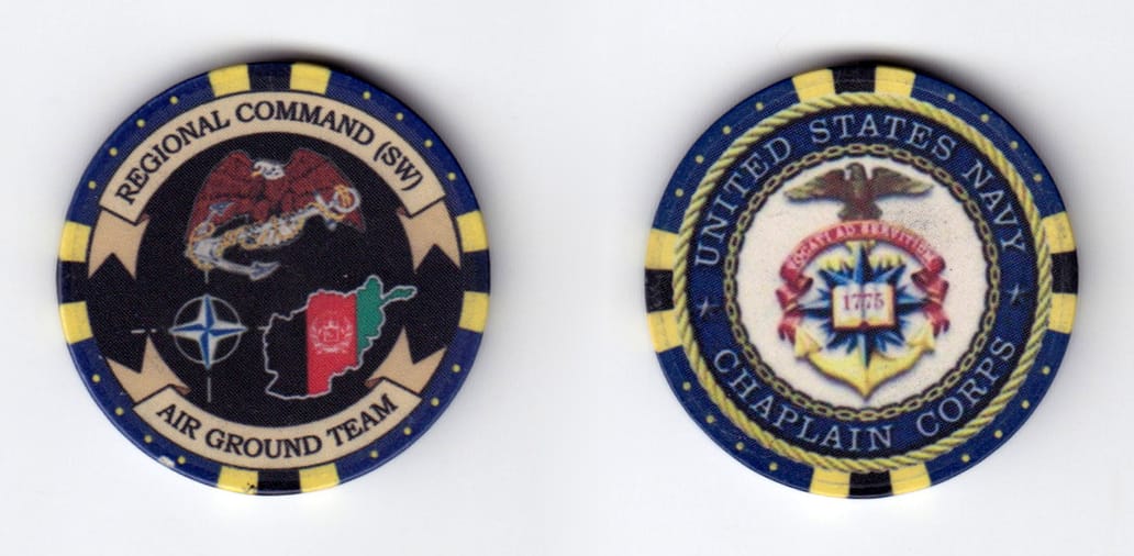Round shaped, navy blue colored poker chip, 1-1/2 inches in diameter.