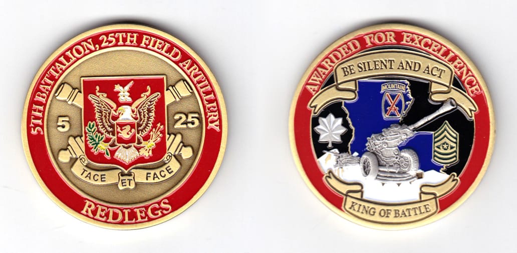 Round shaped, brass colored coin, 2 inches in diameter.