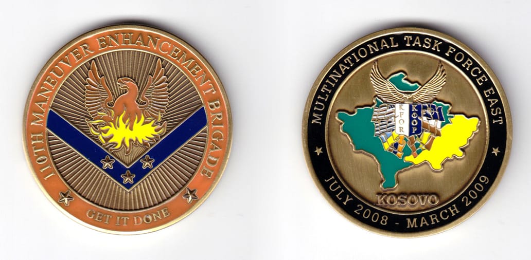 Round shaped, brass colored coin, 2 inches in diameter.