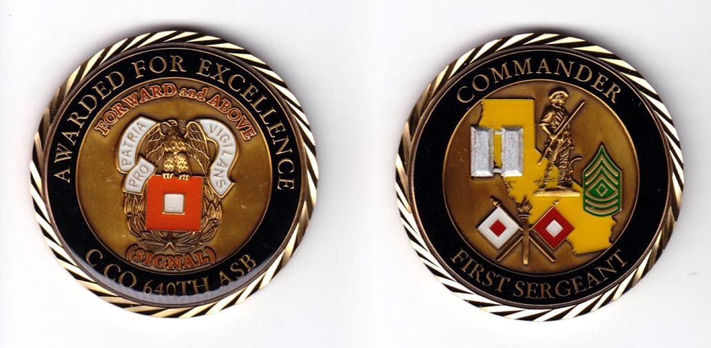 Round shaped, brass colored coin, 2 inches in diameter.