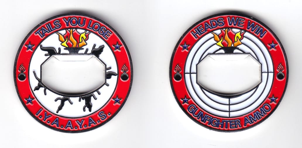 Round shaped, silver colored coin, 2 inches in diameter.