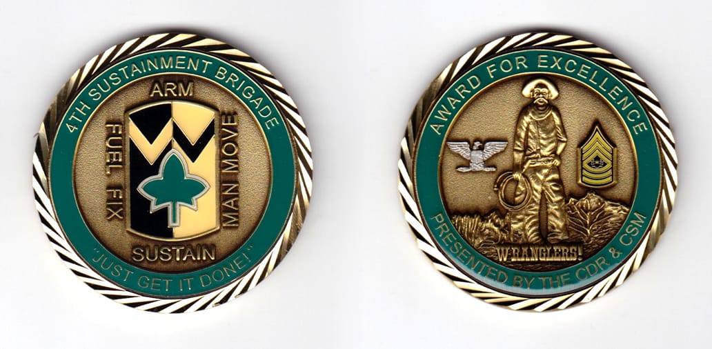 Round shaped, brass colored coin, 2 inches in diameter.