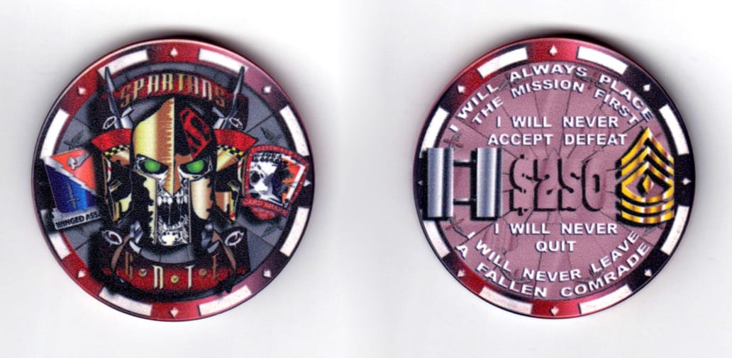 Round shaped, red colored poker chip, 2 inches in diameter.