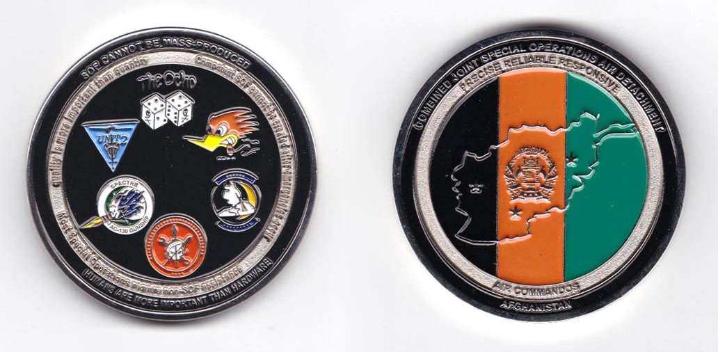 Round shaped, silver colored coin, 2 inches in diameter.