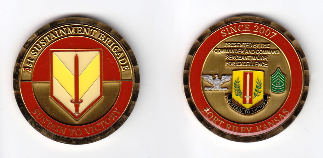 Round shaped, bronze colored coin, 2 inches in diameter.