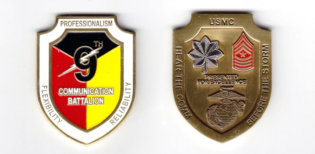 Shield shaped, bronze colored coin, 2 inches high x 1 1/2  inches wide.