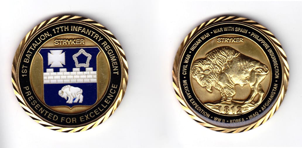 Round shaped, bronze colored coin, 2 inches in diameter.