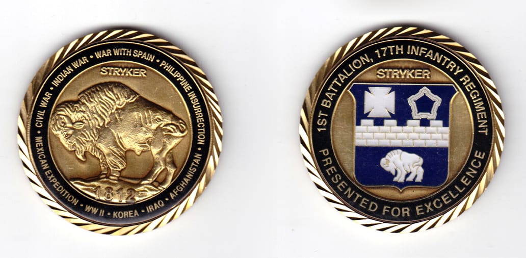 Round shaped, bronze colored coin, 2 inches in diameter.