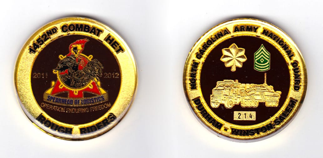 Round shaped, gold colored coin, 2 inches in diameter.