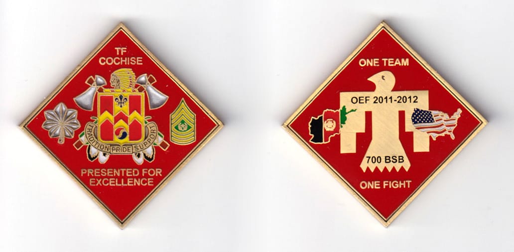 Diamond shaped, bronze colored coin, 2 inches high x 2  inches wide.