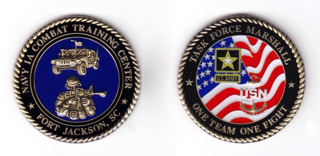 Round shaped coin, antique brass in color, 1 3/4 inches in diameter.