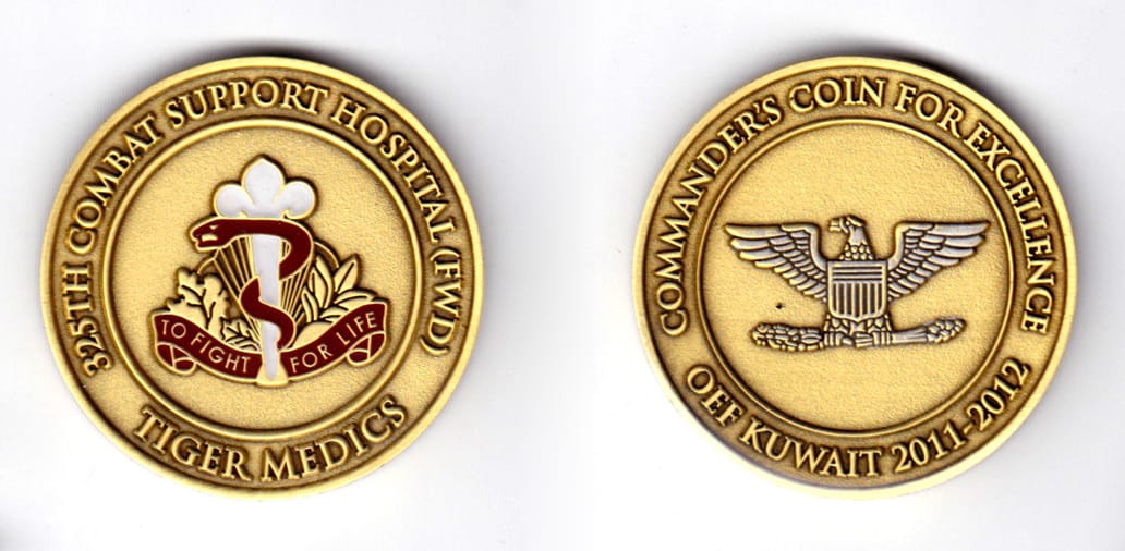 Round shaped coin, brass in color, 1 3/4 inches in diameter.