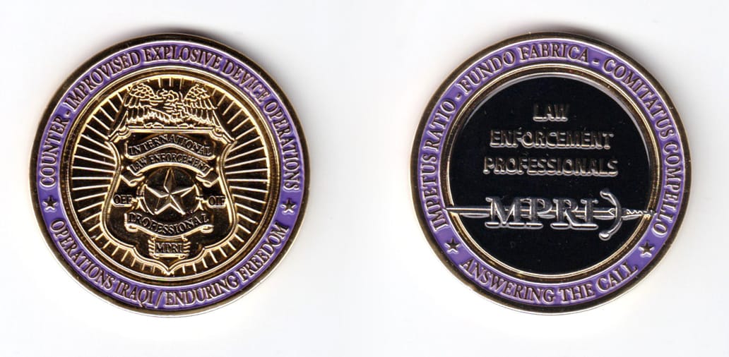 Round shaped coin, gold in color, 1 3/4 inches in diameter.