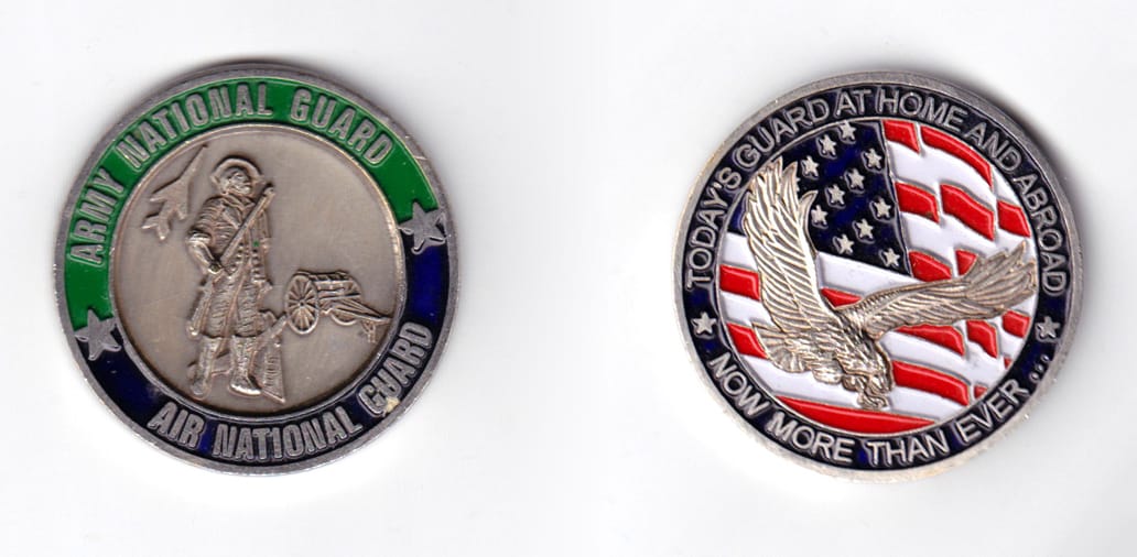 Round shaped coin, pewter in color, 1 3/4 inches in diameter.