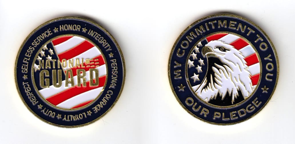 Round shaped coin, brass in color, 1 3/4 inches in diameter.