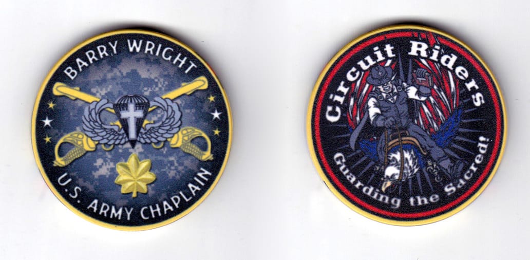 Round shaped black edged poker chip, 1 3/4 inches in diameter.