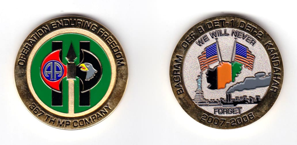 Round shaped coin, brass in color, 1 3/4 inches in diameter.