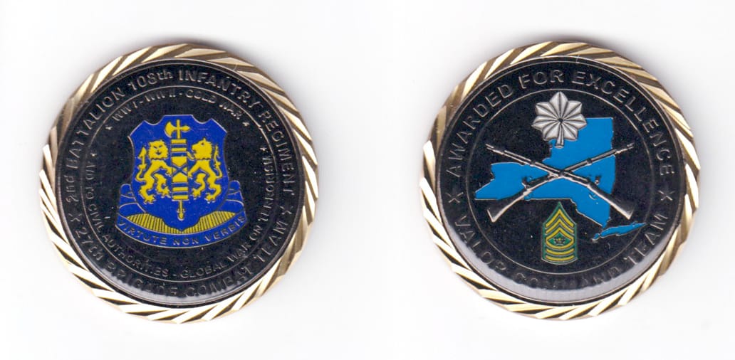 Round shaped coin, brass in color, 1 3/4 inches in diameter.