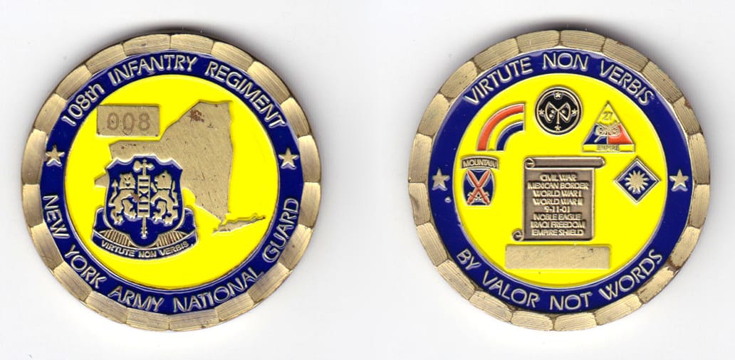 Round shaped coin, antique brass in color, 1 1/2 inches in diameter.